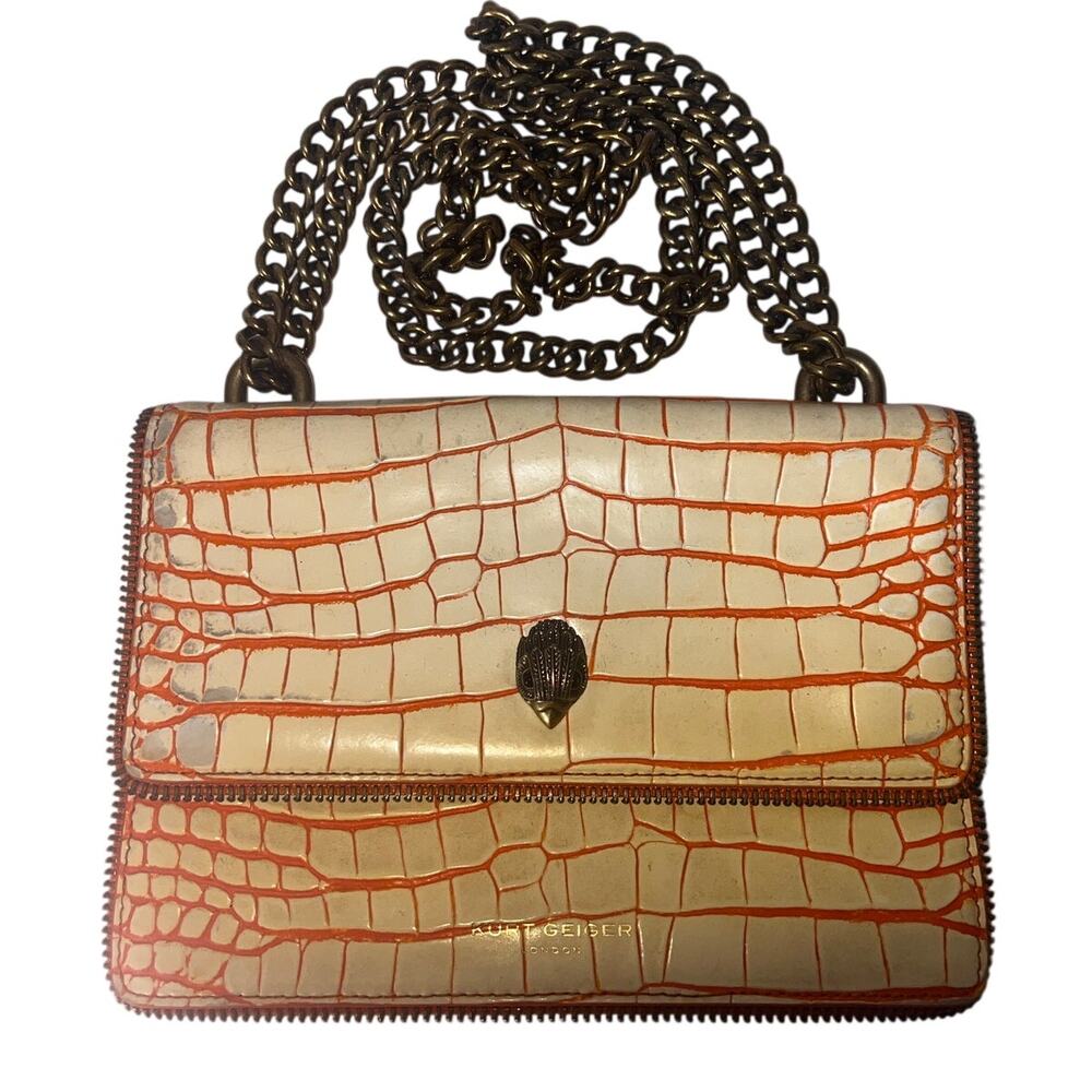 Kurt Geiger London Shoreditch Croc Embossed Leather Crossbody Bag Ivory Orange